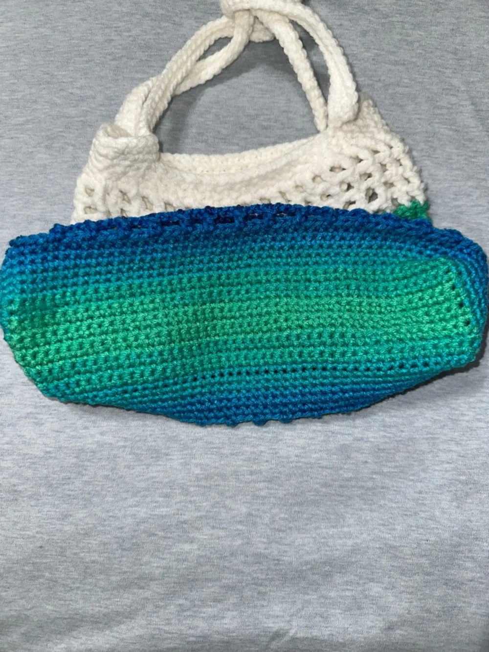 Handmade Crochet White Shades of Blue Green Small Fishnet Market Tote